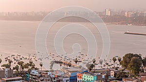 Aerial view of Lima`s shoreline with boats including the districts of Barranco and Chorrillos timelapse. Peru