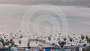 Aerial view of Lima's shoreline with boats including the districts of Barranco and Chorrillos timelapse. Peru photo