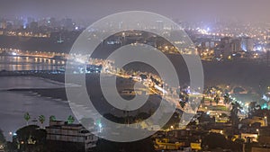 Aerial view of Lima's shoreline including the districts of Barranco and Chorrillos night to day timelapse. Peru photo