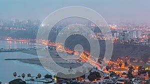 Aerial view of Lima's shoreline including the districts of Barranco and Chorrillos night to day timelapse. Peru