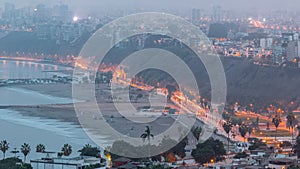 Aerial view of Lima's shoreline including the districts of Barranco and Chorrillos night to day timelapse. Peru photo