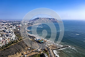 Aerial view of Lima Shoreline and ocean, drone shot of Lima`s cityscape photo