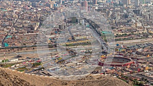 Aerial view of Lima skyline timelapse with Plaza de Toros de Acho bullring from San Cristobal hill. photo