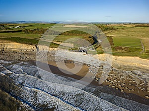 Aerial view of the limestone cliffs and beach at Southerndown and Dunraven Bay in Wales