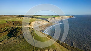 Aerial view of the limestone cliffs and beach at Southerndown and Dunraven Bay in Wales