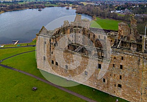 Aerial view of Linlithgow Castle Ruins, the birthplace of Mary Queen of Scots in West Lothian, Scotland