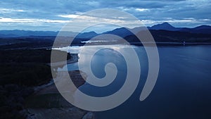 Aerial view of Liptovska Mara reservoir in Slovakia. Water surface