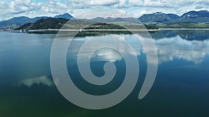 Aerial view of Liptovska Mara reservoir in Slovakia. Water surface