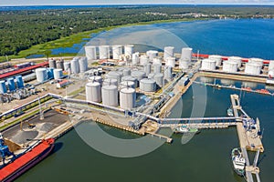 Aerial view of Liquid Bulk petroleum and gasoline terminals, pipeline operations, distributes petroleum products.