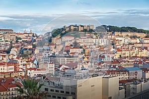 Aerial view of Lisbon City and Saint George Castle Castelo de Sao Jorge - Lisbon, Portugal