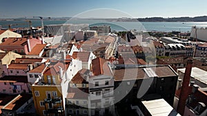 Aerial view of the Lisbon cityscape in Santos district with Tagus River visible on background