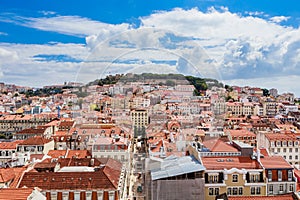 Lisbon downtown and Santa Justa Street to Sao Jorge Castle hill from panoramic platform of Elevador de Santa Justa