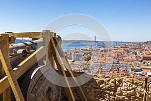 Aerial view on Lisbon with hostoric cannon from Castelo de Sao Jorge in Portugal photo