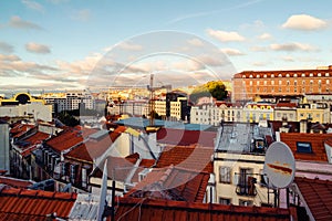 Aerial view of Lisbon, Portugal at cloudy day with view over city center