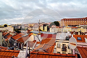 Aerial view of Lisbon, Portugal at cloudy day with view over city center