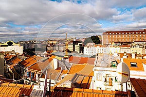 Aerial view of Lisbon, Portugal at cloudy day with view over city center