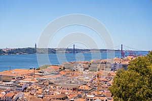 Aerial View of Lisbon, Portugal: A High-Angle, Daytime Capture of the Cityscape, Featuring the Iconic 25 de Abril Bridge Spanning