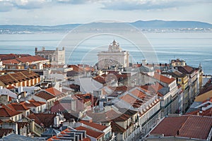 Aerial view of Lisbon with Rua Augusta Arch and Tagus River Rio Tejo - Lisbon, Portugal