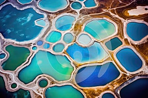 Aerial View Of Lithium Mines With Vibrant Blue Evaporation Ponds. Generative AI