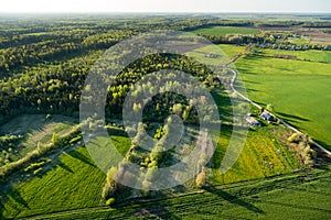 Aerial view of Lithuanian countryside at spring