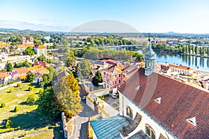 Aerial view of Litomerice and Labe River from cathedral bell tower on sunny summer day, Czech Republic