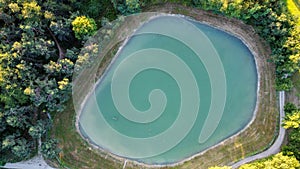 Aerial view of a little lake and trees surrounding, in italian Appennini hills