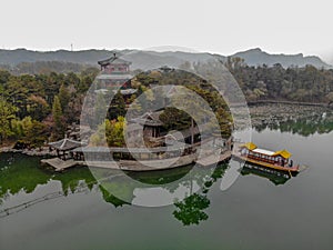 Aerial view little pavilions next the lake inside the Imperial Summer Palace