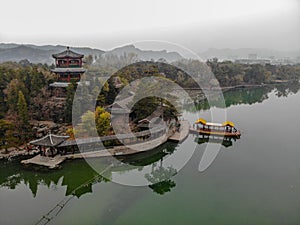 Aerial view little pavilions next the lake inside the Imperial Summer Palace