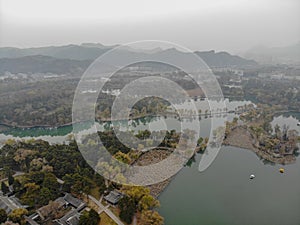 Aerial view little pavilions next the lake inside the Imperial Summer Palace