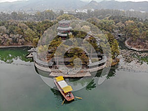 Aerial view little pavilions next the lake inside the Imperial Summer Palace