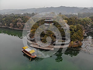 Aerial view little pavilions next the lake inside the Imperial Summer Palace