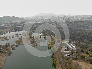 Aerial view of little pavilions next the lake inside the Imperial Summer Palace. Chengde, China