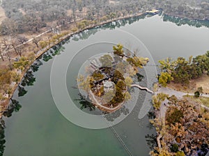 Aerial view of little pavilions next the lake inside the Imperial Summer Palace. Chengde, China