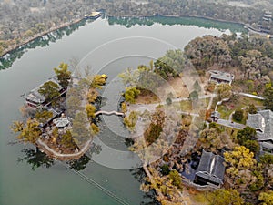 Aerial view of little pavilions next the lake inside the Imperial Summer Palace. Chengde, China