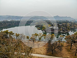 Aerial view of little pavilions next the lake inside the Imperial Summer Palace. Chengde, China