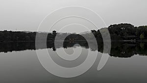 Aerial view of little pavilions next the lake inside the Imperial Summer Palace. Chengde, China