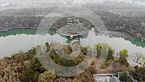 Aerial view of little pavilions next the lake inside the Imperial Summer Palace. Chengde, China