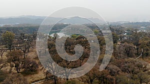 Aerial view of little pavilions next the lake inside the Imperial Summer Palace. Chengde, China