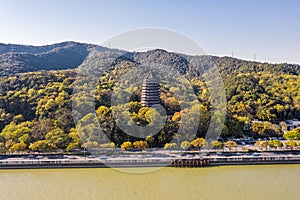 Aerial view of Liuheta Culture Park, Liuhe Tower in Hangzhou, China