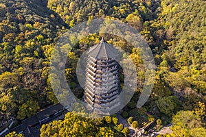 Aerial view of Liuheta Culture Park, Liuhe Tower in Hangzhou, China