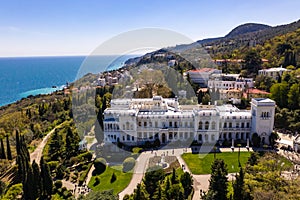 Aerial view of Livadia Palace with a beautiful landscaped garden in Crimea