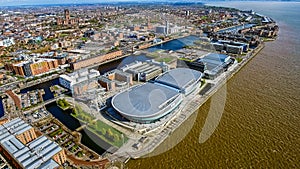 Aerial View of Liverpool City Photo with Docks, Wheel, Modern Buildings
