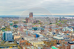 Aerial view of Liverpool including the cathedral, England