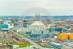 Aerial view of Liverpool including the metropolitan cathedral, England