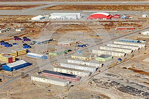 Aerial view on the living blocks and runway of Kangerlussuaq air