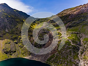 Aerial view of Llyn Glaslyn along with the PyG and Miner`s tracks leading to the summit of Snowdon, Wales photo