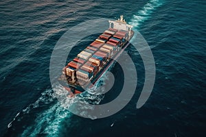 Aerial view of a loaded container cargo ship as it speeds over the ocean.