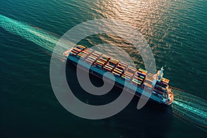 Aerial view of a loaded container cargo ship as it speeds over the ocean. Technology for communication in online business