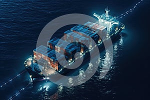 Aerial view of a loaded container cargo ship as it speeds over the ocean. Technology for communication in online business