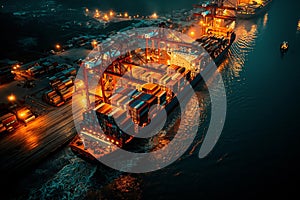 Aerial view of a loaded container ship in port